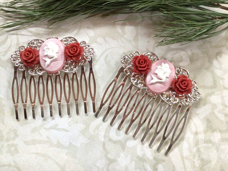 Two Silver Tone Pink Mermaid And Red Roses Hair Combs