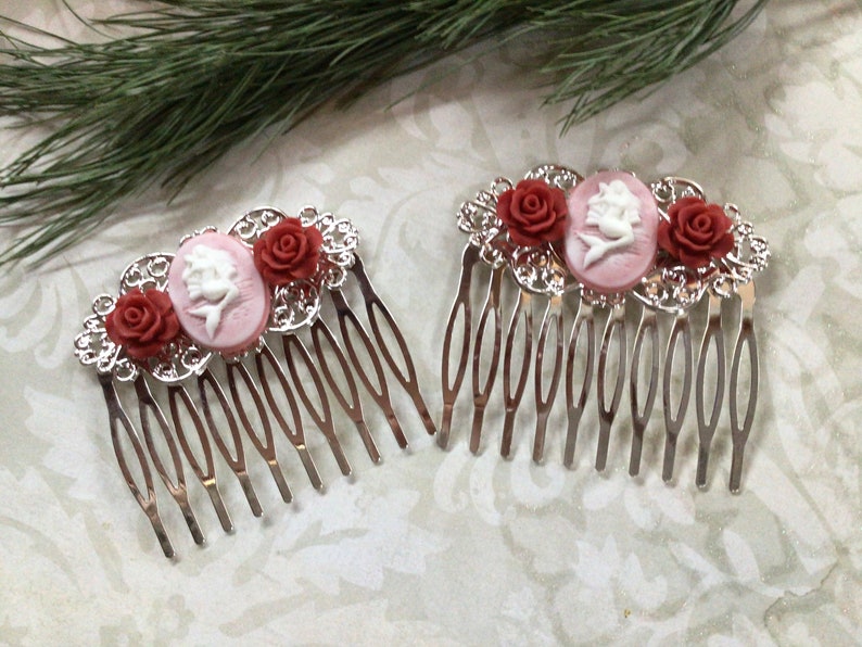 Two Silver Tone Pink Mermaid And Red Roses Hair Combs