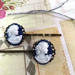 Hair Accessories-Navy-White-Cameo-Brass-Hair Clips