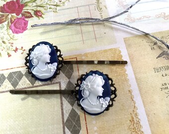 Hair Accessories-Navy-White-Cameo-Brass-Hair Clips