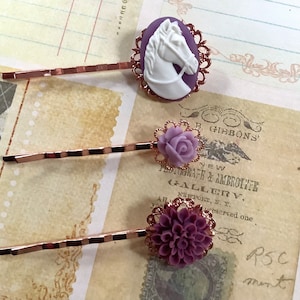 Hair Accessories-Horse Lover-Purple-Horse-Flower-Rose Tone-Hair Clips