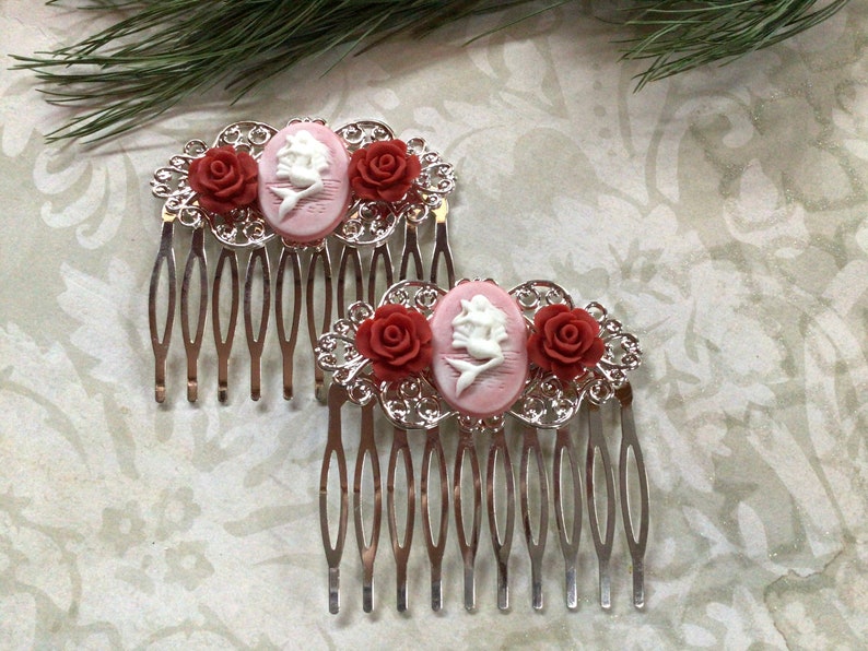 Two Silver Tone Pink Mermaid And Red Roses Hair Combs