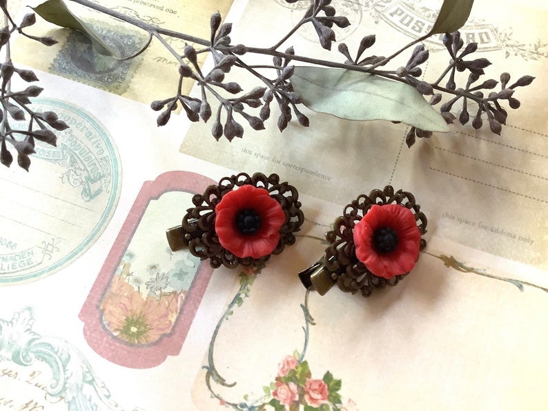 Flowers-Red Poppy-Alligator Clips-Brass Clips-Hair Clips image 3