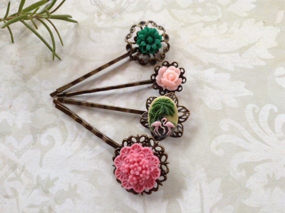 Hair Clips Watermelon Pink Floral And Flamingo Bobby Pins Etsy