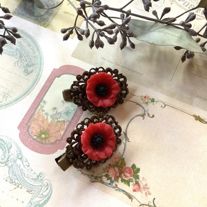 Flowers-Red Poppy-Alligator Clips-Brass Clips-Hair Clips image 2