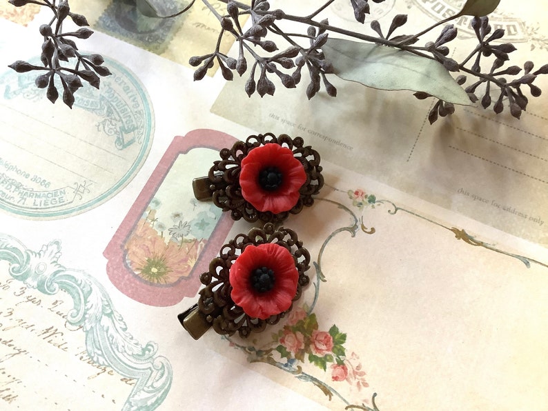 Flowers-Red Poppy-Alligator Clips-Brass Clips-Hair Clips image 2