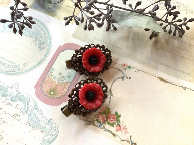 Flowers-Red Poppy-Alligator Clips-Brass Clips-Hair Clips image 4