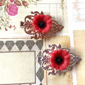 Hair Accessory-Red-Flower Hair Clip-Red Poppy-Silver Tone-Hair Clip