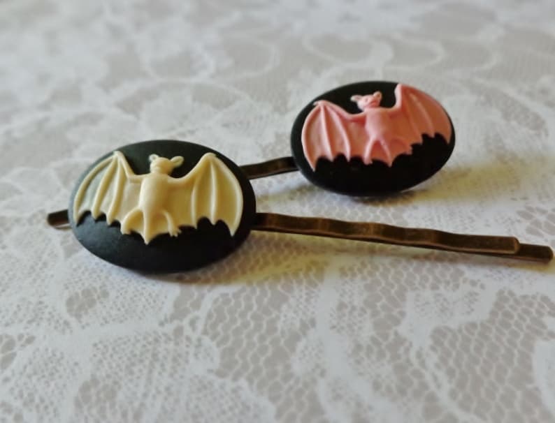 Pink on Black And Ivory on Black Bat And Brass Hair Clips