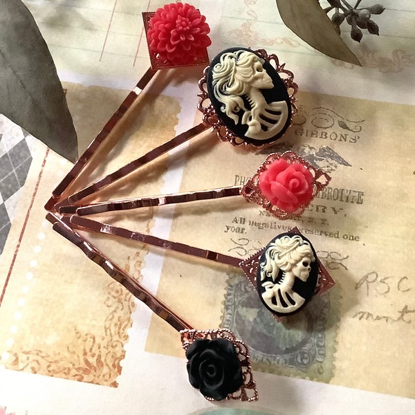 Gothic Hair Clips-She Skull-Red Floral Rose-Gold Hair Clips-Wedding-Gift