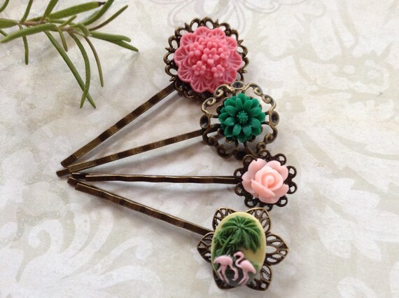 Hair Clips Watermelon Pink Floral And Flamingo Bobby Pins Etsy
