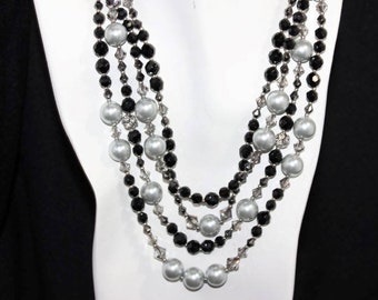 WHITE/BLACK - Great multi-strand glass bead and faux pearl necklace- Signed