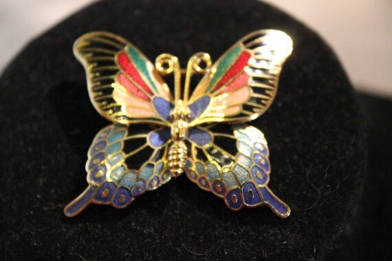 Colorful Cloissoine Butterfly Brooch - Unsigned - image 3