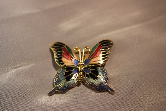 Colorful Cloissoine Butterfly Brooch - Unsigned - image 7