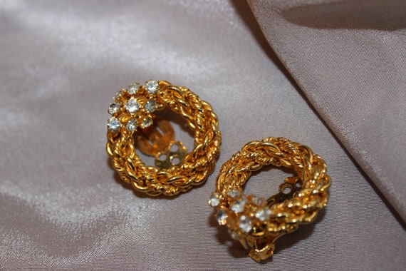Amazing gold braid and rhinestone clip on earring… - image 7
