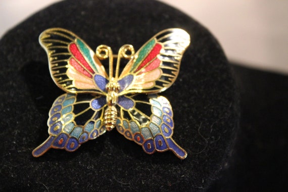 Colorful Cloissoine Butterfly Brooch - Unsigned - image 2