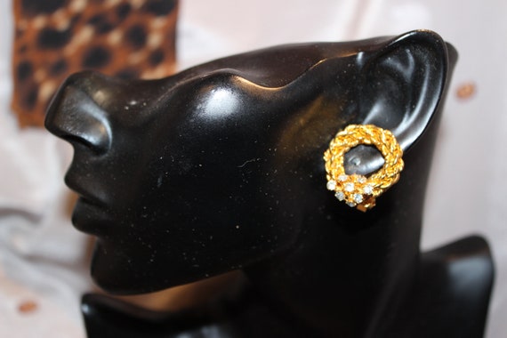 Amazing gold braid and rhinestone clip on earring… - image 1