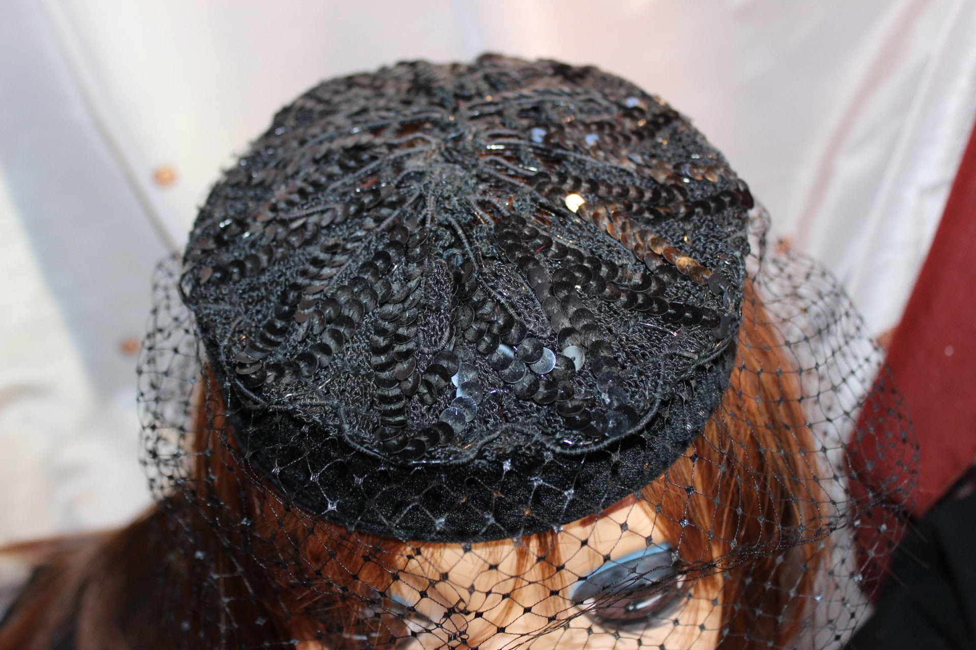 Small Black Pillbox Style Fascinator Hat With Sequins and 