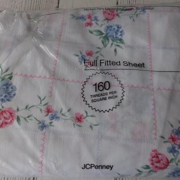 Nip Double/ Full/ Sheets/ Vintage Bed Sheets/ J C Penny/ Fitted / Blue/ Pink/ Flowers/ No Iron Percale/New In Package/ Made In USA