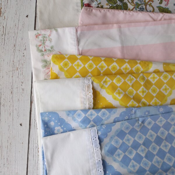 4 King Size/ Vintage Pillowcases/ Yellow/ Pink/ Geometric/ Florals/ SpringMaid/ Pacific/ Miracale/ Cotton Blend/ Vintage Fabric/ Linens/