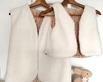 Children's reversible sleeveless shepherd's vest, matchy-matchy, leopard print, handmade sheepskin fur, made in France