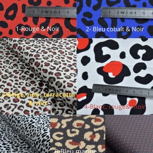 May include: Seven different fabric swatches with a leopard print pattern in various colours, including red, blue, white, black, beige, and brown. The swatches are labelled with numbers and descriptions in French.