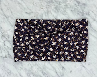 Navy Blue Ribbed Floral Turban