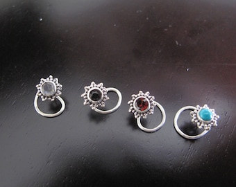 Garnet Nose Pin, Green Onyx Silver Nose stud,Indian Nose Ring, Nose Piercing, Boho nose Jewelry,Tribal Nose Stud, Moon stone nose crew