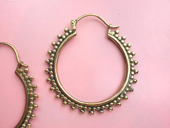 Pair of Brass Earrings, Mandala Earrings, Pattern Earrings, Hoop Earrings, Geometric Earrings, Brass Tribal Earrings, Hoop Earrings