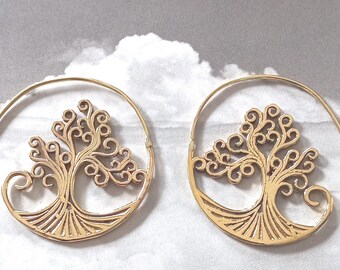 Brass Earrings Tree of Life, Silver plated Tree of Life, Brass Tribal Earrings, Tribal Earrings , Earrings, hoop errings
