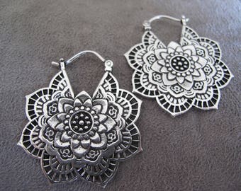Brass Earrings, Mandala Flower Earrings, Hoop Earings, Brass Tribal Earrings, Tribal Earrings , Earrings, belly dance