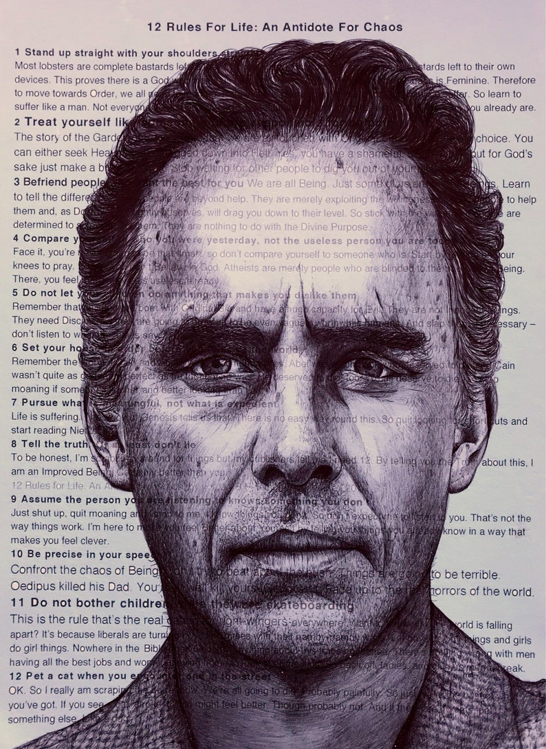 Jordan Peterson portrait. Pen drawing over his 12 Rules