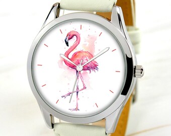 Pink Flamingo Womens Watch - Unique Gifts For Her - Watercolor Art - Flamingo Gift Watches For Women - Cute Gift For Wife