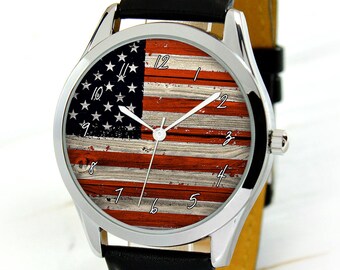 Men's Watch with United States Wooden Flag - USA Flag Watch - Unisex Watch - Fathers Day Gift - Unique Gift for Husband - Mens Gift