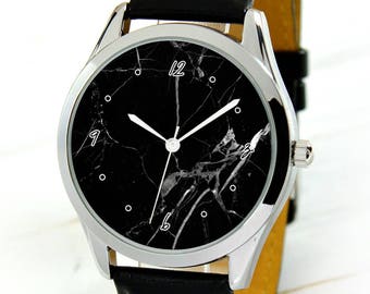 Black Marble Watch - Minimalist Art Watch - Mens Watches - Women Watches - Black Watch - Unique Gifts - Anniversary Gifts