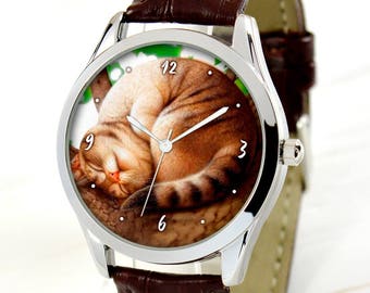 Sleeping Cat Watch - Cat Lover Gift - Cute Cat Womens Watch - Mother's Day Gift - Crazy Cat Lady Watch for Wife - Birthday Gift for Mom