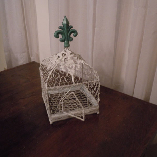 78 - Reserved for Keri-Bird Cage - Wire - Metal - Heirloom White and Teal - Fleur De Lis - Ornate