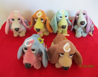 Adorable Vintage Hush Puppies Made By Applause, Beanbag Plush/Lemon Meringue, Meadow Mist, Cascade Blue, Lilac, Passion Pink, Spring Basset!