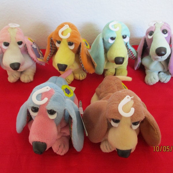 Adorable Vintage Hush Puppies Made By Applause, Beanbag Plush/Lemon Meringue, Meadow Mist, Cascade Blue, Lilac, Passion Pink, Spring Basset!