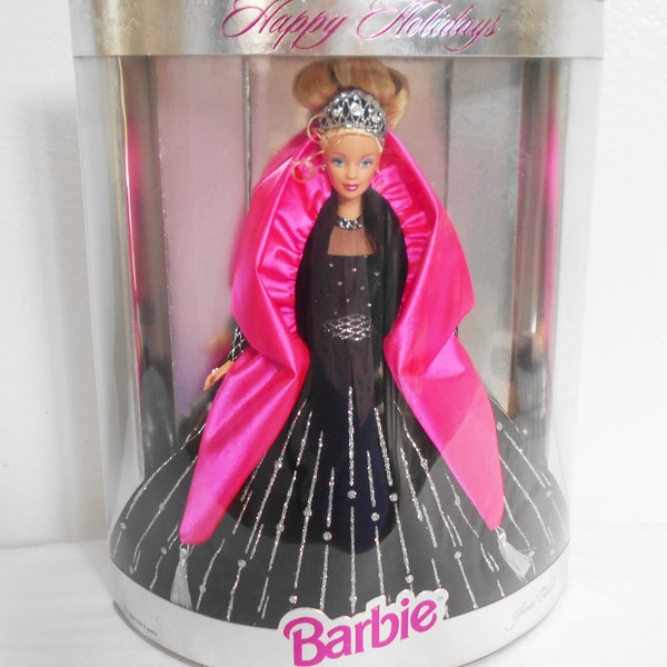 Beautiful Happy Holiday Barbie 1998/Magnificent in Dazzling Faux Black Velvet Shot With Silver Glitter/Matching Hot Pink Scarf/Error Box!