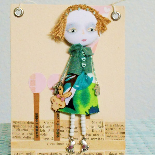 Exquisite Boho "OOAK ART DOLLS"/Handmade Brooch Made From Fabric, Beads, Metal Charms,Real Wool Hair/Signed Card By Designer/Media Collage!