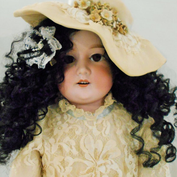 Sale! Beautiful "ARMAND MARSEILLES" 27 Inch Doll Marked "AM-8-Dep/370/Black Curly Wig/Brn Sleep Eyes/Antique Lace Dress/Kid Leather Body/