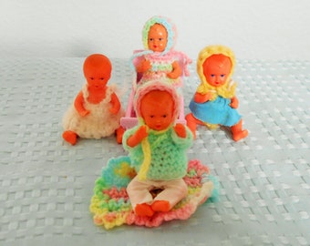 Rare Tiny Dollhouse Family Baby Dolls Vintage 1970's With Crochet Outfits And Blanket/Made In Germany/Poseable/Town Square Miniatures/Sweet!