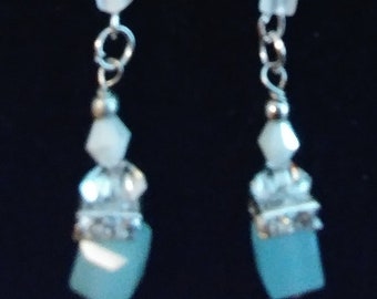 Very Dainty White Ice And Delicate Blue Dangle Earrings