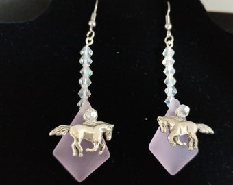 Swarovski Crystals, Sterling Silver Horses and Pink Sea Glass Earrings