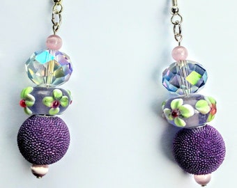 Purple Floral Lamp Work Dangle Earrings