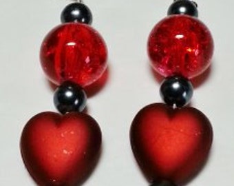 Red Satin Hearts and Red Crackle Glass Earrings