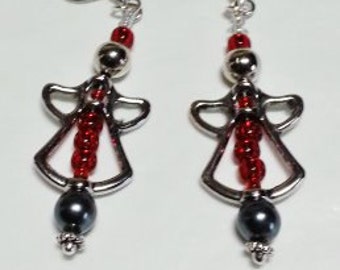 Pewter Angel Earrings: Red Bead Dangle Earrings