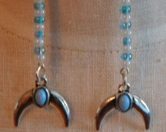 Blue and White Earrings With Half Moon and Faux Turquoise