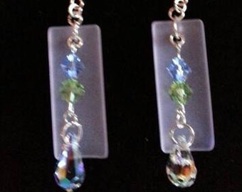 Beautiful Light Pink Sea Glass With Tear Drop And Bicone Swarovski Crystals Earrings